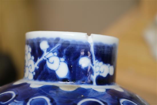 A pair of 19th century Chinese blue and white sleeve vases, three further vases and a ginger jar tallest 30.5cm